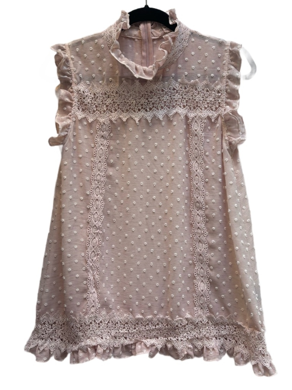 POL Lace Swiss Dot Blouse Medium Pink Cottagecore High Neck Ruffle Sleeveless🌸